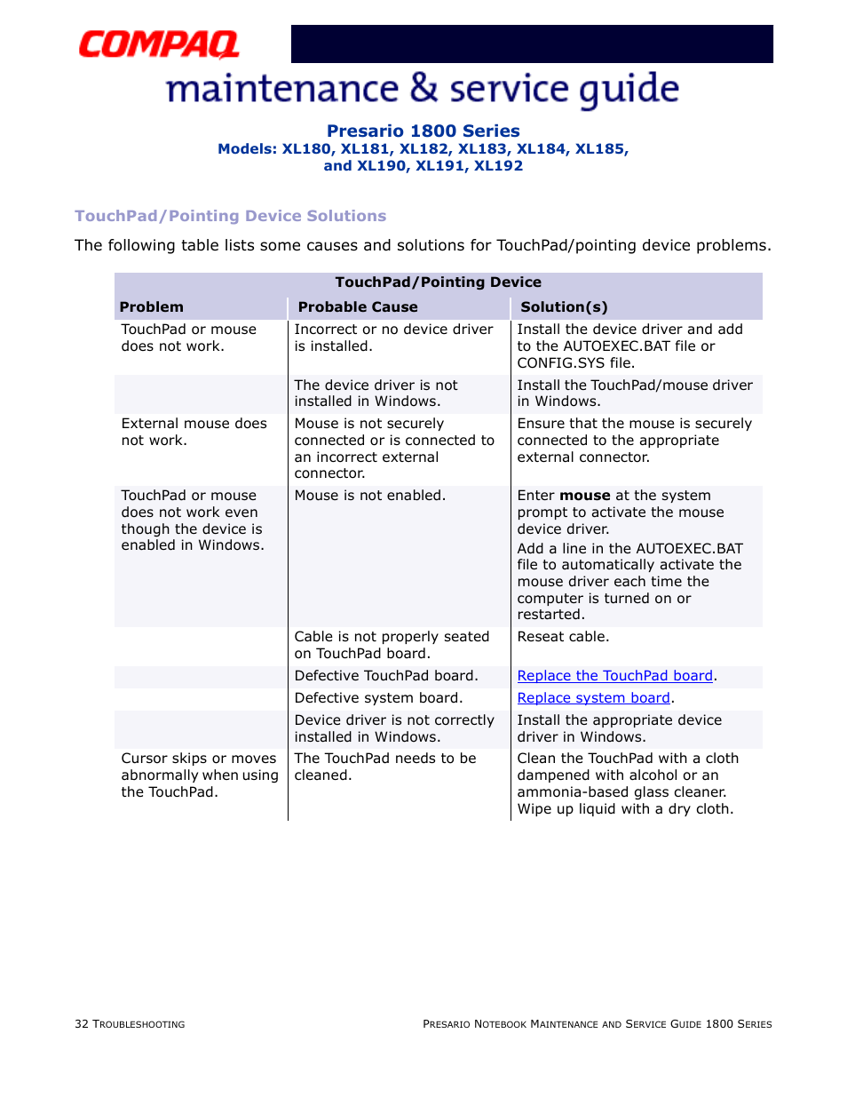 Touchpad/pointing device solutions, Touchpad, Presario 1800 series | Compaq XL183 User Manual | Page 68 / 127