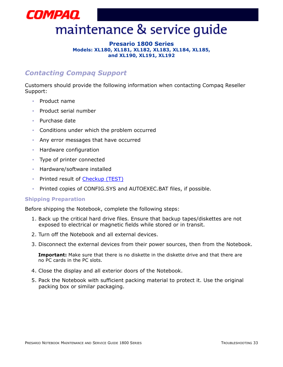 Contacting compaq support, Shipping preparation | Compaq XL183 User Manual | Page 69 / 127