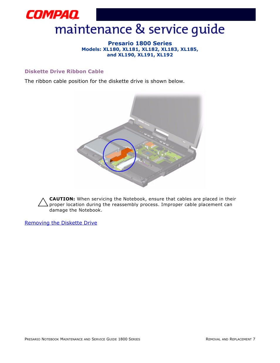 Diskette drive ribbon cable, Presario 1800 series, Removing the diskette drive | Compaq XL183 User Manual | Page 76 / 127