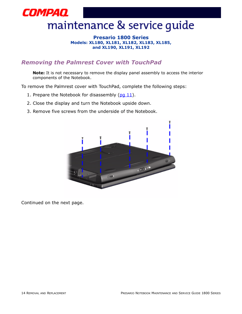 Removing the palmrest cover with touchpad, Presario 1800 series | Compaq XL183 User Manual | Page 83 / 127