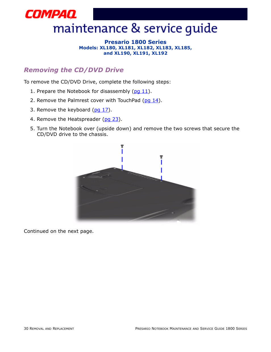 Removing the cd/dvd drive, Presario 1800 series | Compaq XL183 User Manual | Page 99 / 127