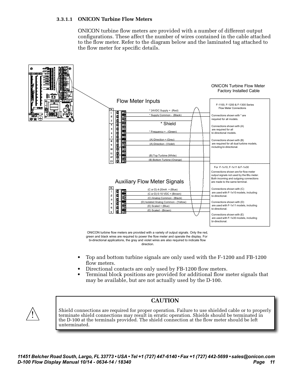 Caution, Flow meter inputs, Auxiliary flow meter signals | ONICON D-100 Flow User Manual | Page 11 / 35