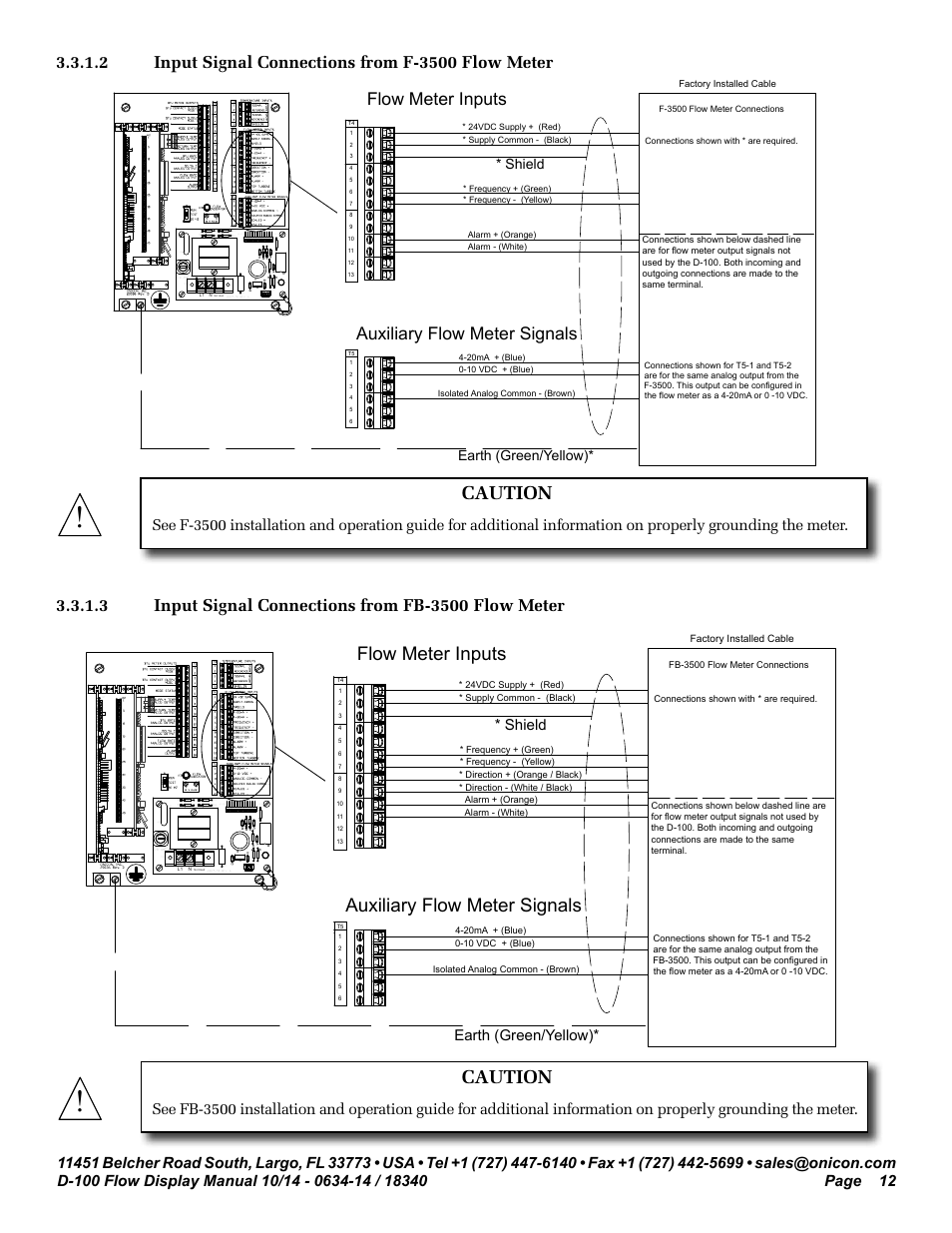 Flow meter inputs, Auxiliary flow meter signals, Caution | Shield, Earth (green/yellow), G60hz, Led1 t1, Var1 | ONICON D-100 Flow User Manual | Page 12 / 35