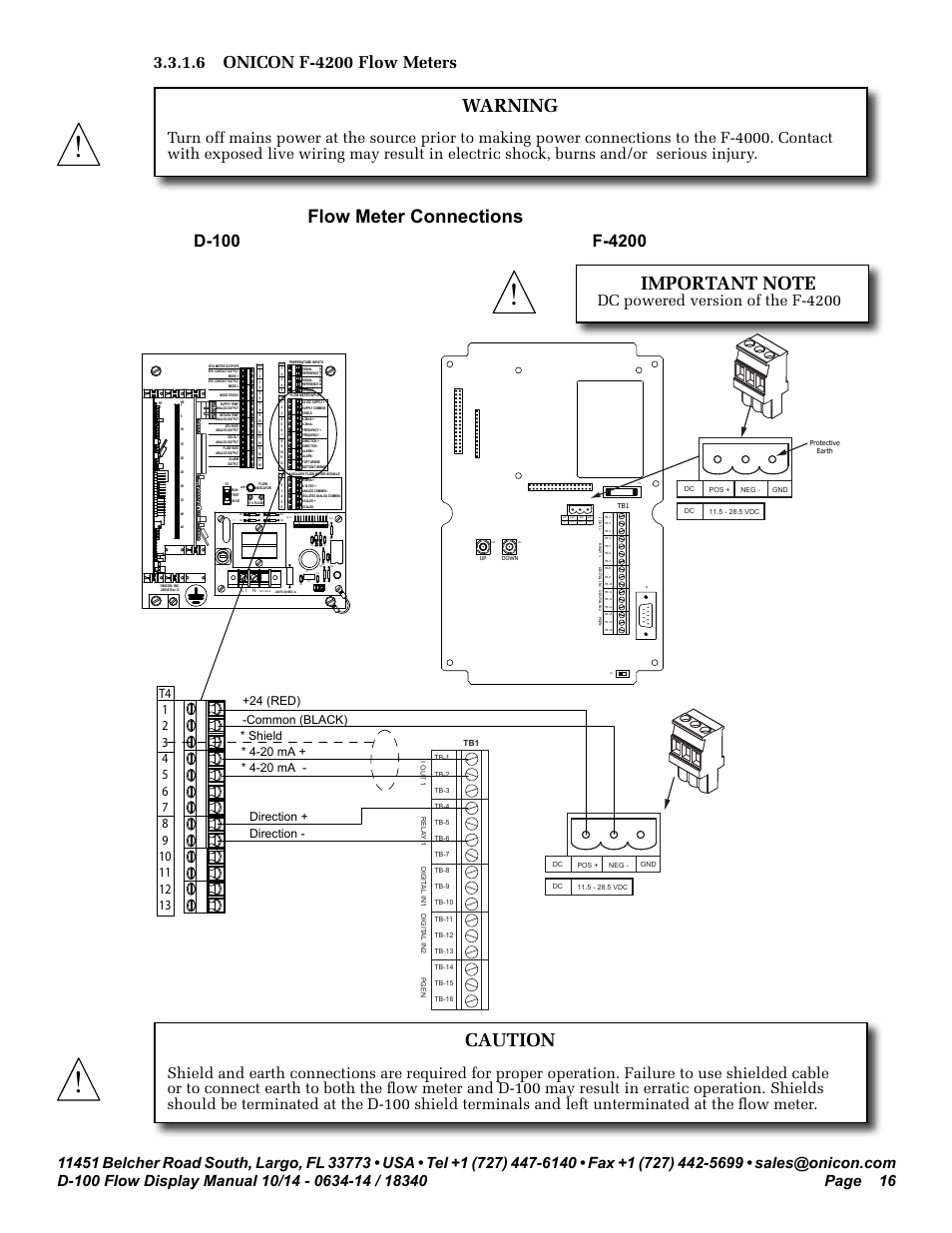 Caution, Warning, Flow meter connections | Dc powered version of the f-4200, G60hz, Shield, Direction - direction, 24 (red) -common (black) | ONICON D-100 Flow User Manual | Page 16 / 35