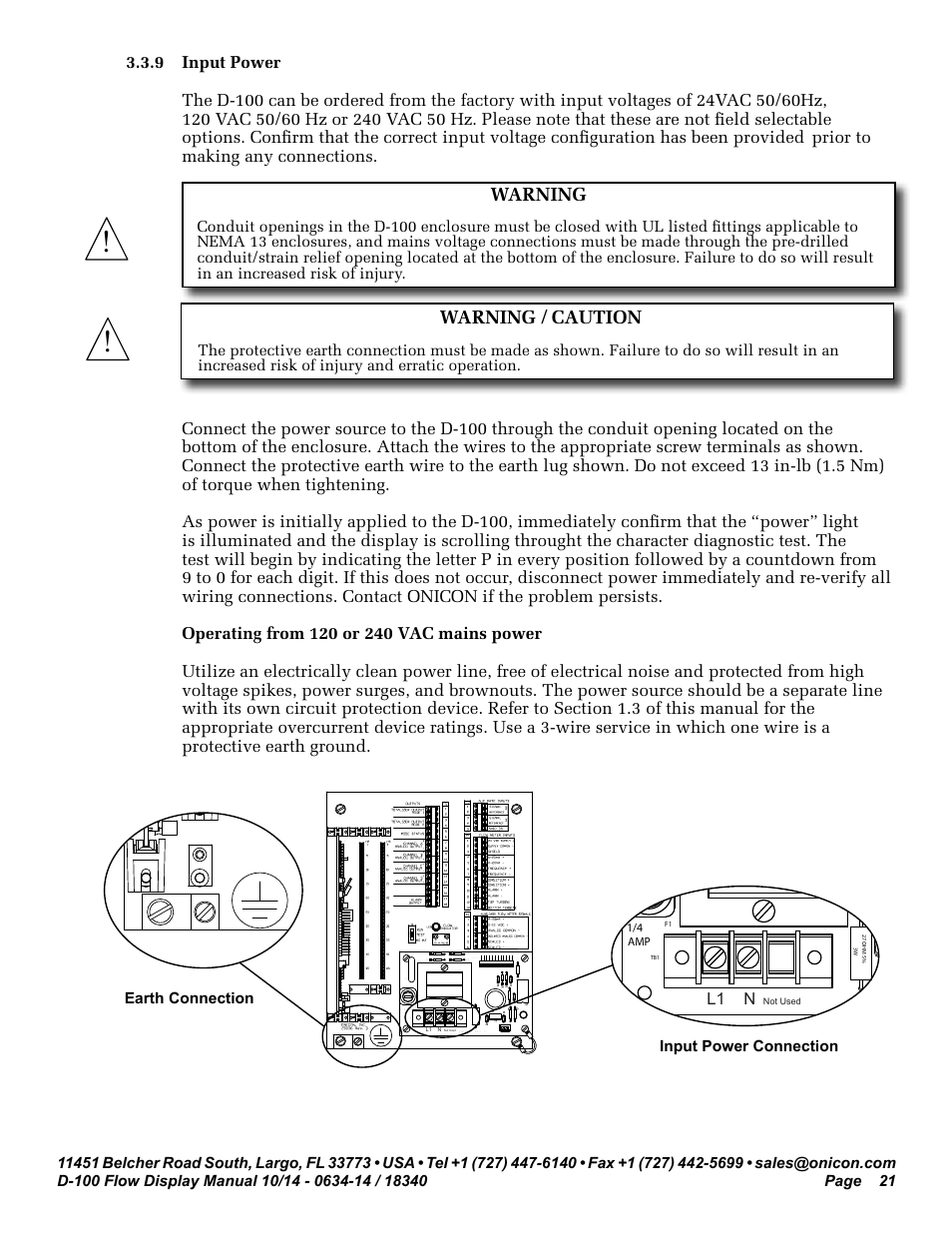 Warning, Warning / caution | ONICON D-100 Flow User Manual | Page 21 / 35