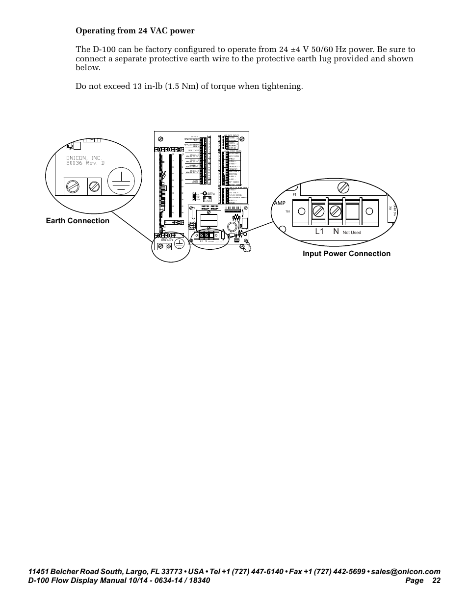 L1 n, Earth connection input power connection | ONICON D-100 Flow User Manual | Page 22 / 35