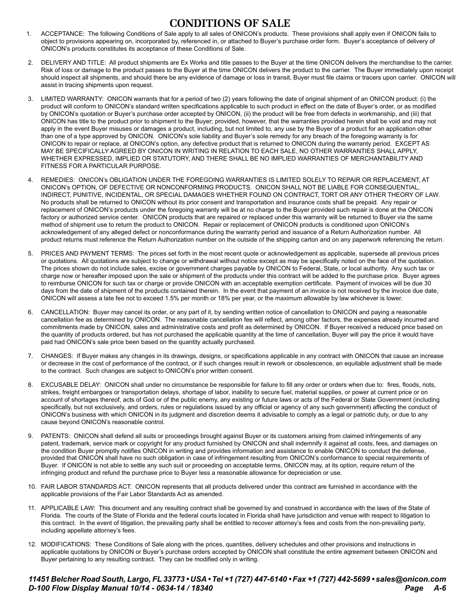 Conditions of sale | ONICON D-100 Flow User Manual | Page 35 / 35