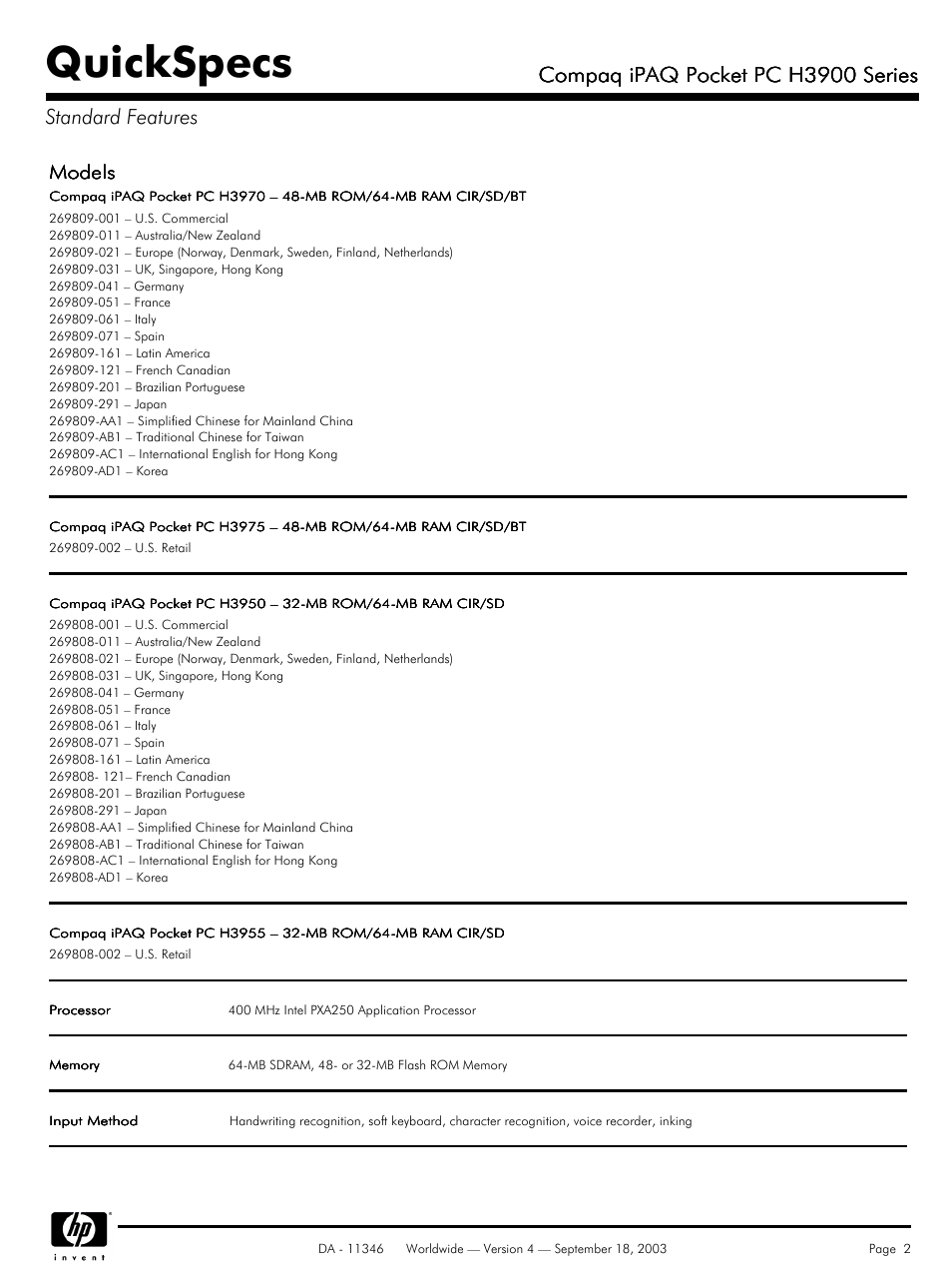 Standard features, Quickspecs, Compaq ipaq pocket pc h3900 series | Models | Compaq H3900 User Manual | Page 2 / 8