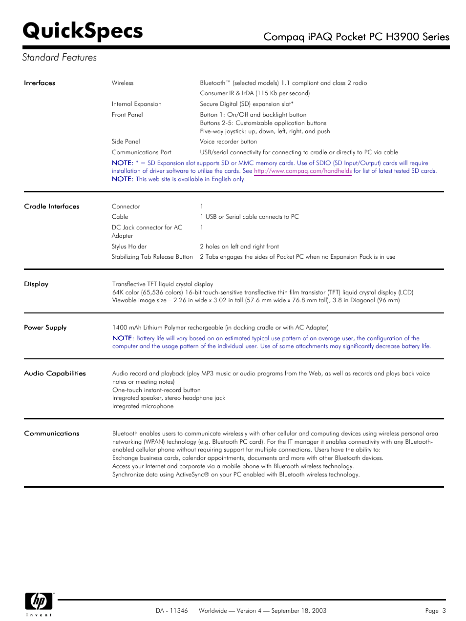 Quickspecs, Compaq ipaq pocket pc h3900 series | Compaq H3900 User Manual | Page 3 / 8