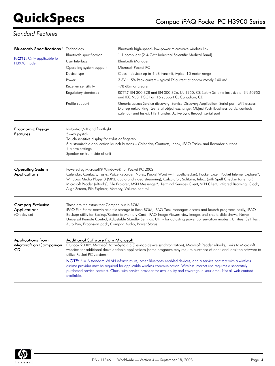Quickspecs, Compaq ipaq pocket pc h3900 series | Compaq H3900 User Manual | Page 4 / 8