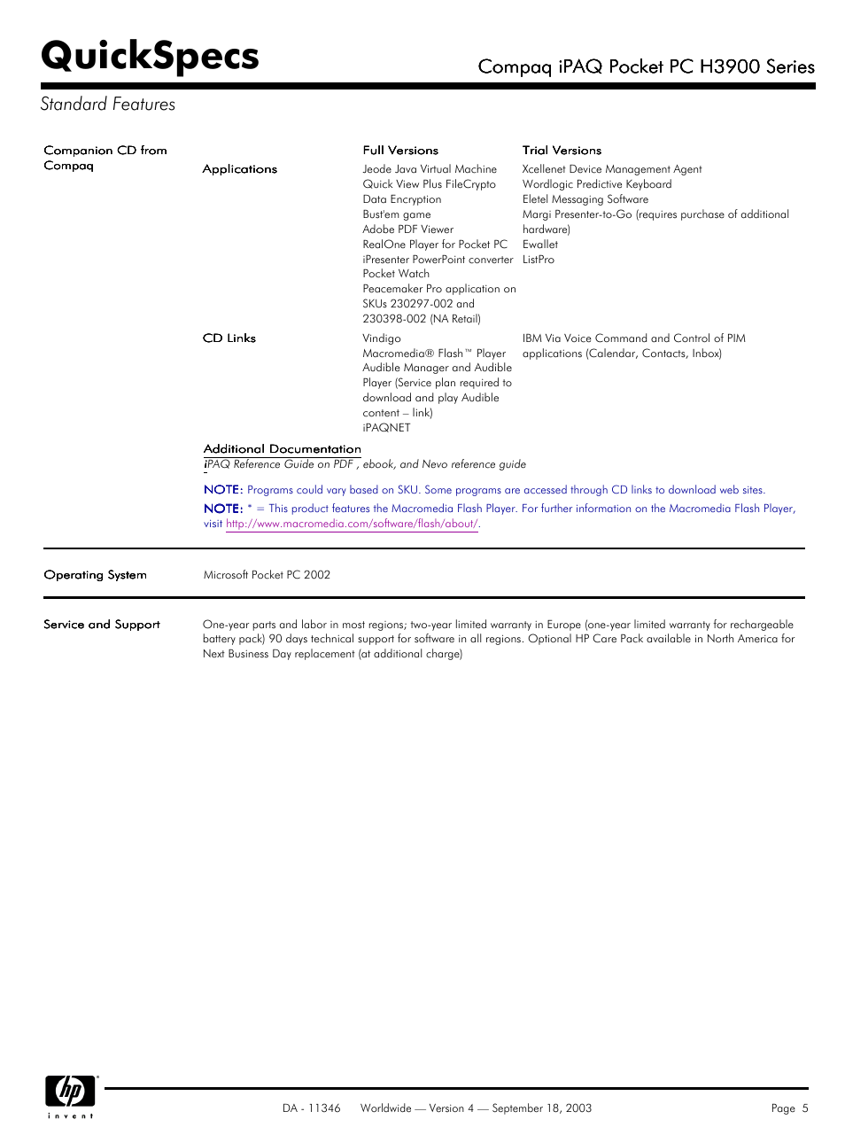 Quickspecs, Compaq ipaq pocket pc h3900 series | Compaq H3900 User Manual | Page 5 / 8