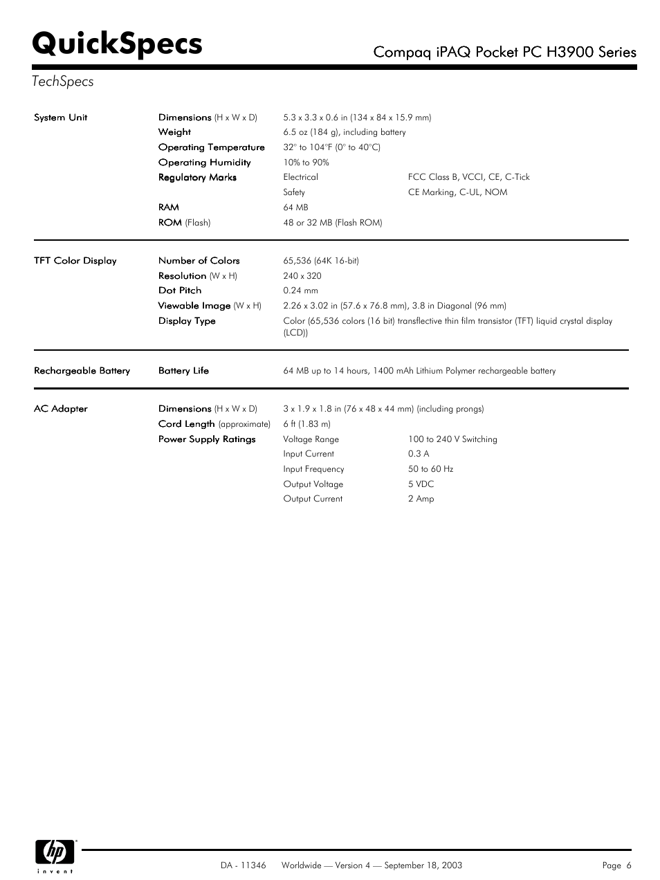 Techspecs, Quickspecs, Compaq ipaq pocket pc h3900 series | Compaq ipaq pocket pc h3900 series techspecs | Compaq H3900 User Manual | Page 6 / 8