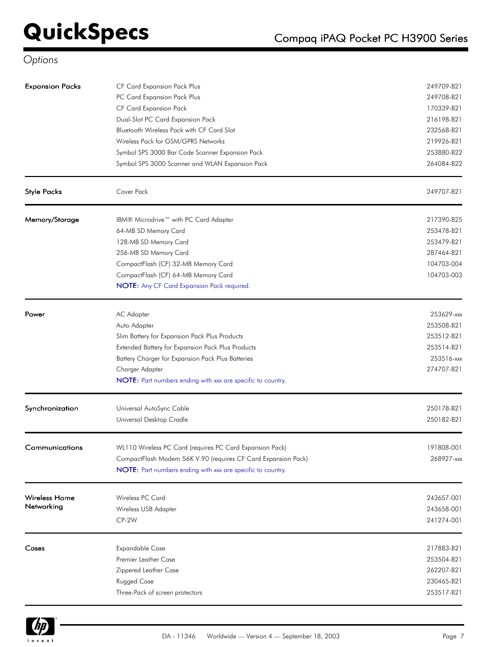 Options, Quickspecs, Compaq ipaq pocket pc h3900 series | Compaq ipaq pocket pc h3900 series options | Compaq H3900 User Manual | Page 7 / 8