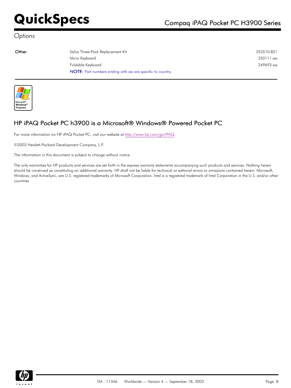 Quickspecs, Compaq ipaq pocket pc h3900 series, Compaq ipaq pocket pc h3900 series options | Compaq H3900 User Manual | Page 8 / 8