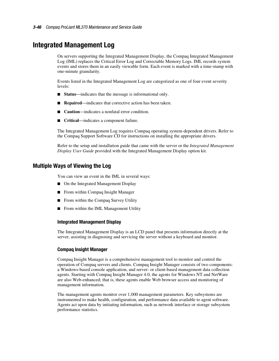 Integrated management log, Multiple ways of viewing the log, Integrated management display | Compaq insight manager, Integrated management log -46, Multiple ways of viewing the log -46 | Compaq PROLIANT ML370 User Manual | Page 100 / 152