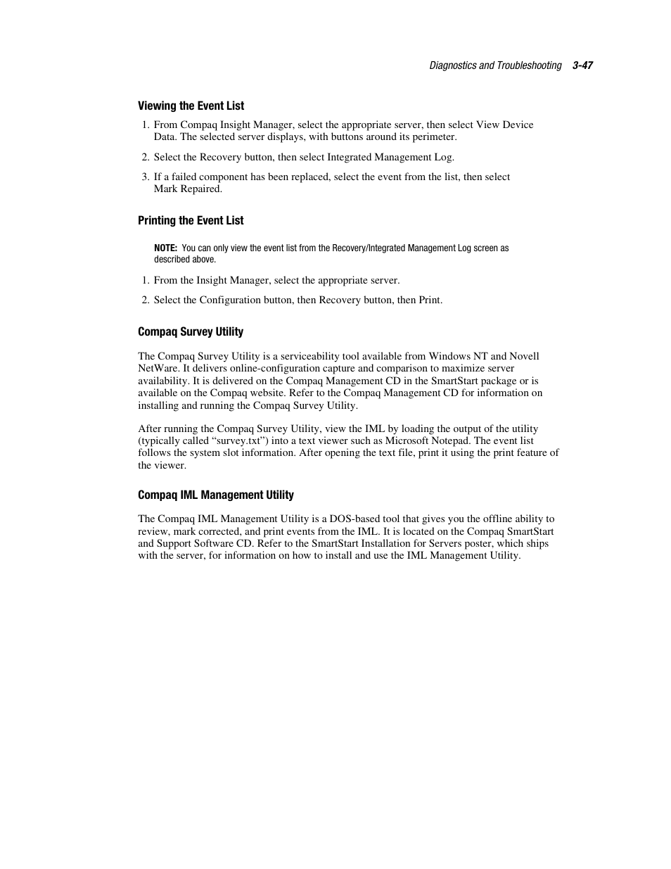 Viewing the event list, Printing the event list, Compaq survey utility | Compaq iml management utility | Compaq PROLIANT ML370 User Manual | Page 101 / 152