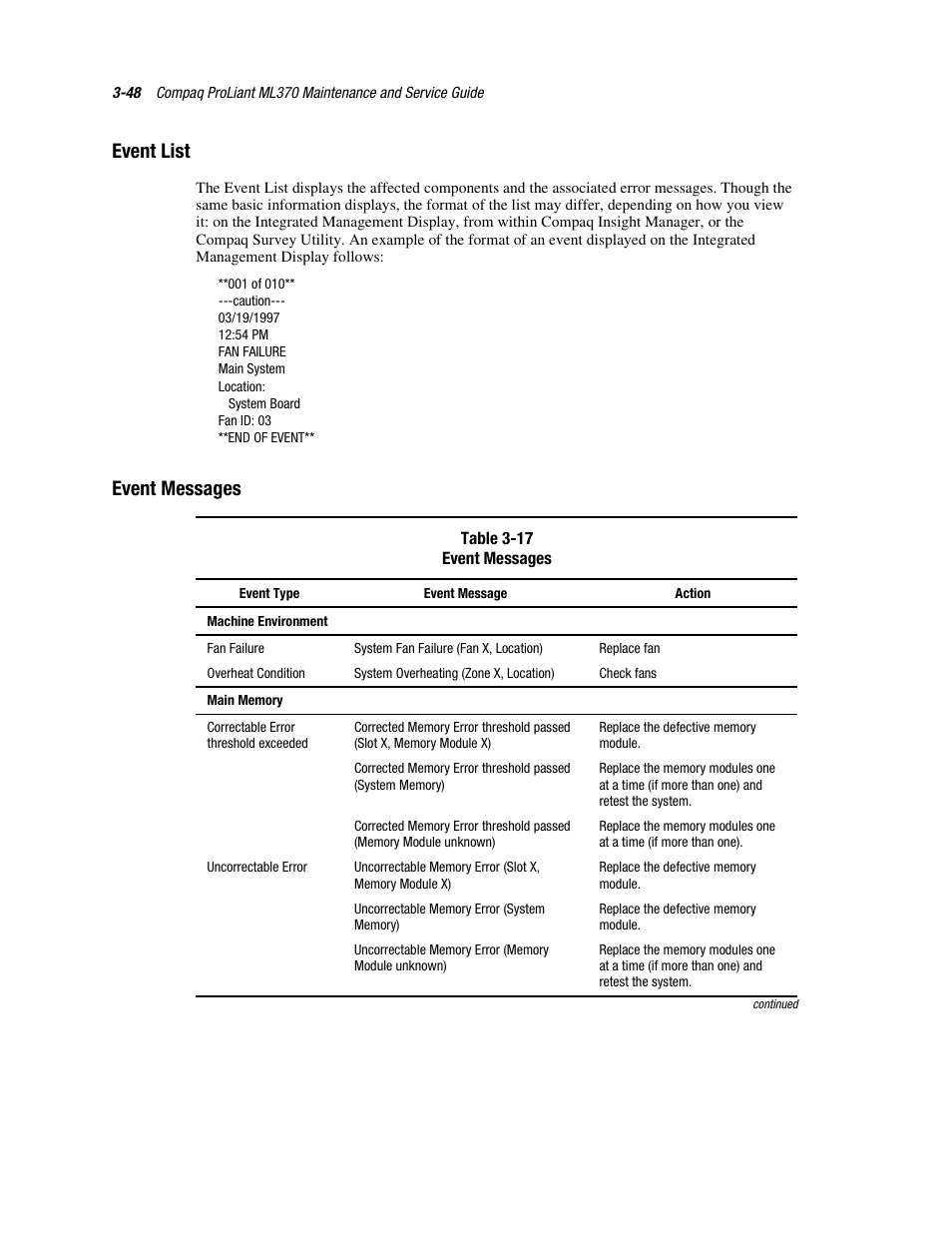 Event list, Event messages, Event list -48 event messages -48 | Compaq PROLIANT ML370 User Manual | Page 102 / 152