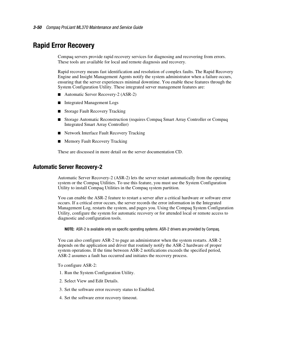 Rapid error recovery, Automatic server recovery˚2, Rapid error recovery -50 | Automatic server recovery-2 -50, Automatic server recovery-2 | Compaq PROLIANT ML370 User Manual | Page 104 / 152