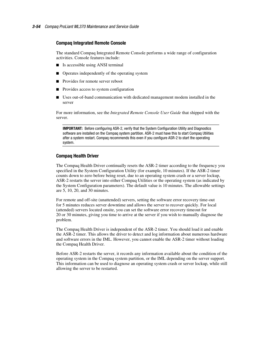Compaq integrated remote console, Compaq health driver | Compaq PROLIANT ML370 User Manual | Page 108 / 152