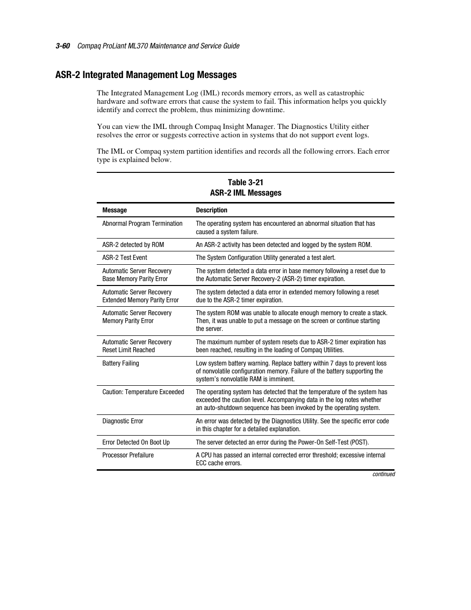 Asr˚2 integrated management log messages, Asr-2 integrated management log messages -60, Asr-2 integrated management log messages | Compaq PROLIANT ML370 User Manual | Page 114 / 152