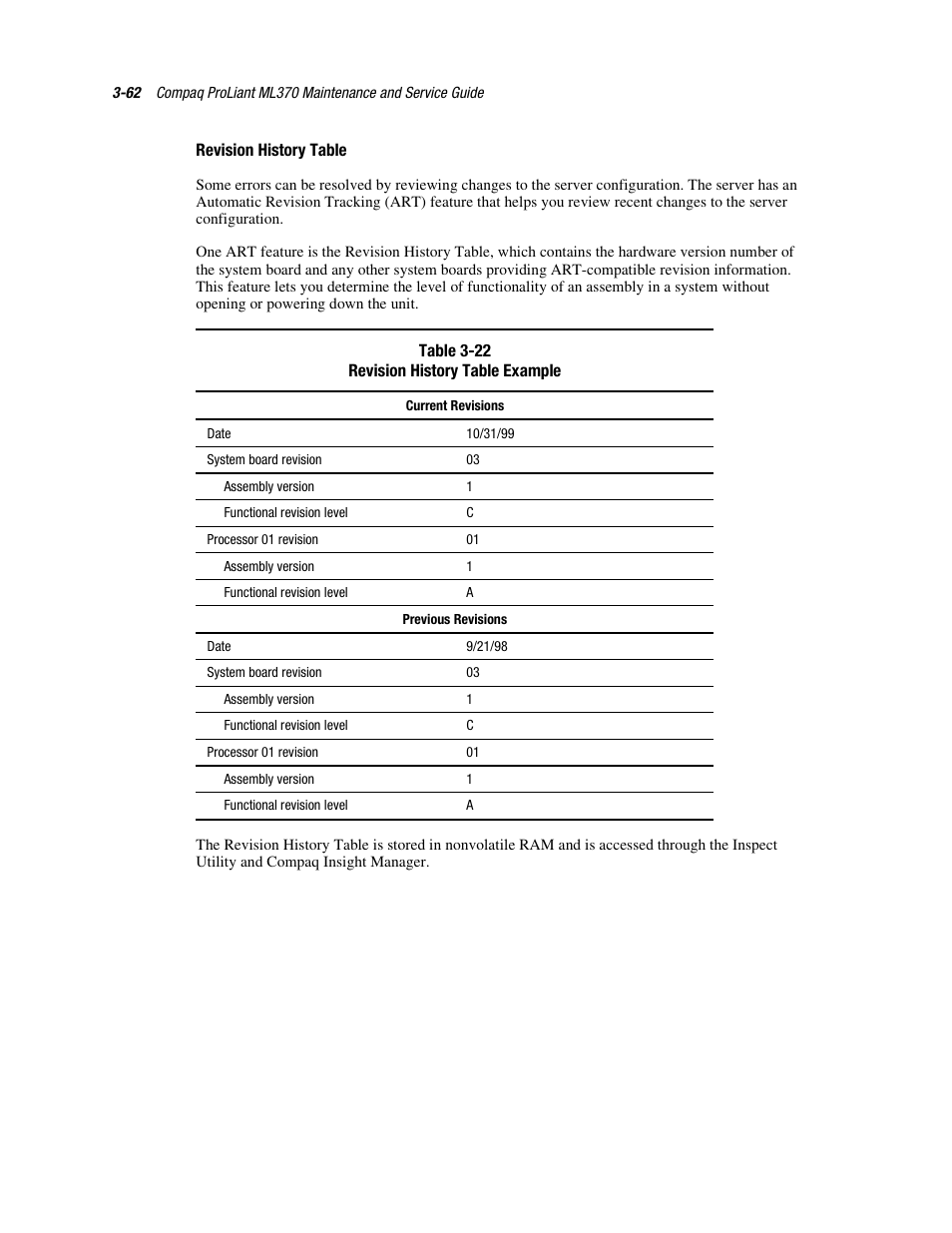 Revision history table | Compaq PROLIANT ML370 User Manual | Page 116 / 152