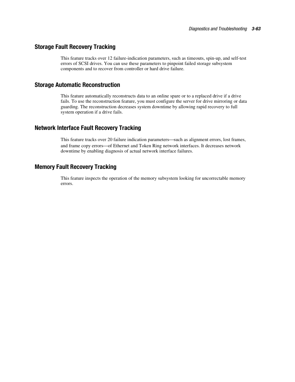 Storage fault recovery tracking, Storage automatic reconstruction, Network interface fault recovery tracking | Memory fault recovery tracking | Compaq PROLIANT ML370 User Manual | Page 117 / 152