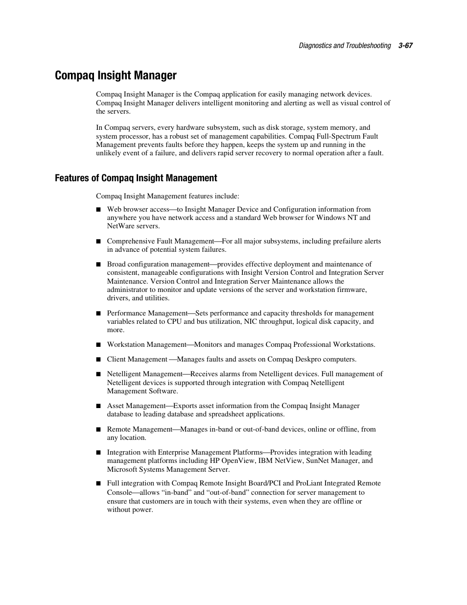 Compaq insight manager, Features of compaq insight management, Compaq insight manager -67 | Features of compaq insight management -67 | Compaq PROLIANT ML370 User Manual | Page 121 / 152