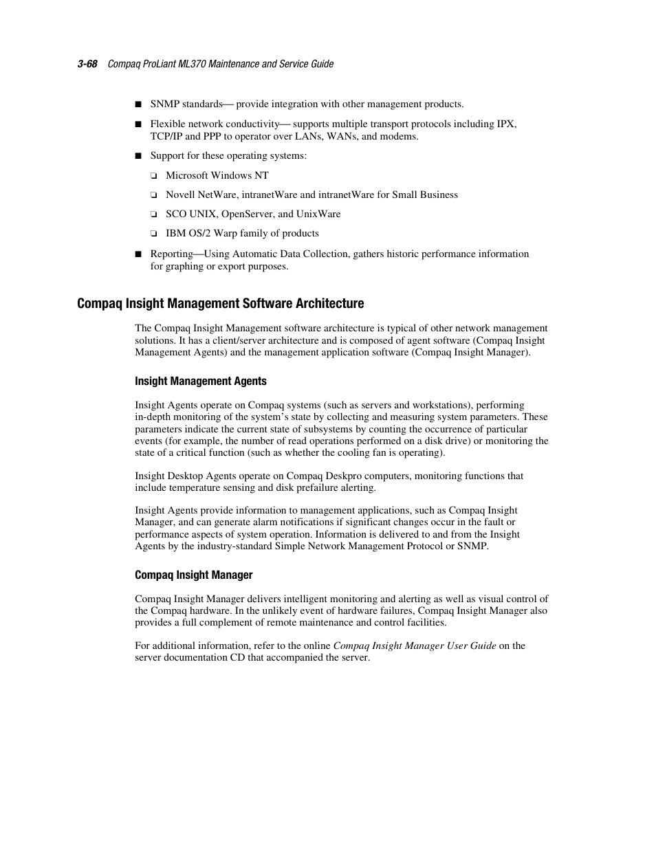 Compaq insight management software architecture, Insight management agents, Compaq insight manager | Compaq PROLIANT ML370 User Manual | Page 122 / 152