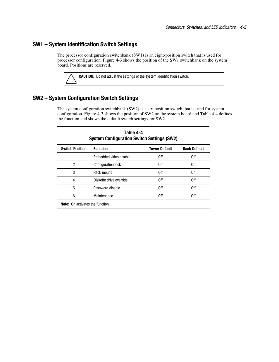 Sw1 – system identification switch settings, Sw2 – system configuration switch settings | Compaq PROLIANT ML370 User Manual | Page 127 / 152