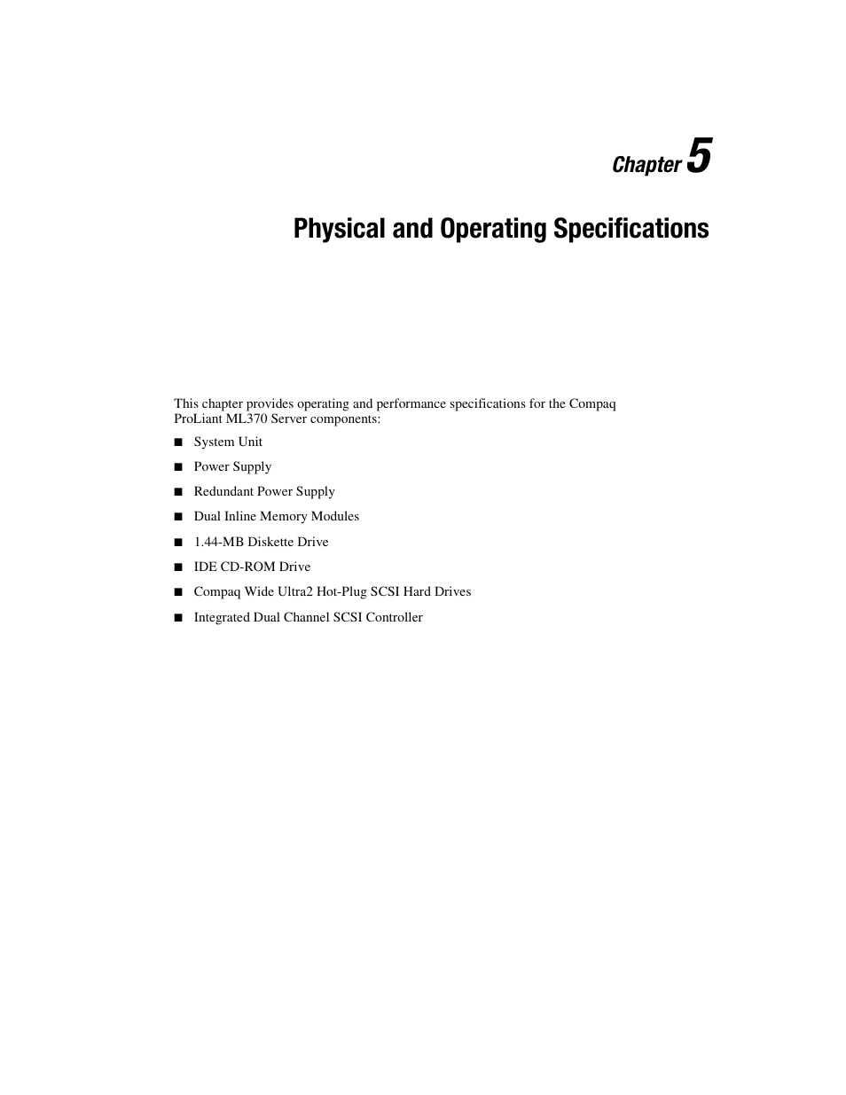 Chapter 5: physical and operating specifications, Chapter 5, Physical and operating specifications | Chapter | Compaq PROLIANT ML370 User Manual | Page 132 / 152