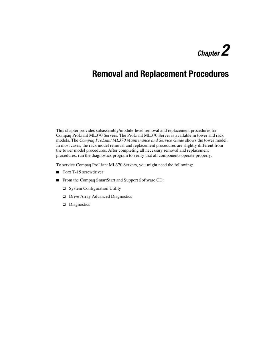 Chapter 2: removal and replacement procedures, Chapter 2, Removal and replacement procedures | Chapter | Compaq PROLIANT ML370 User Manual | Page 17 / 152