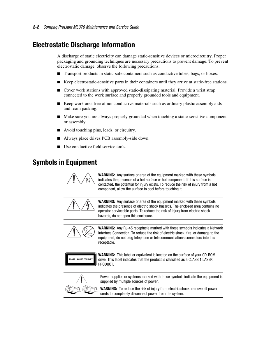 Electrostatic discharge information, Symbols in equipment | Compaq PROLIANT ML370 User Manual | Page 18 / 152