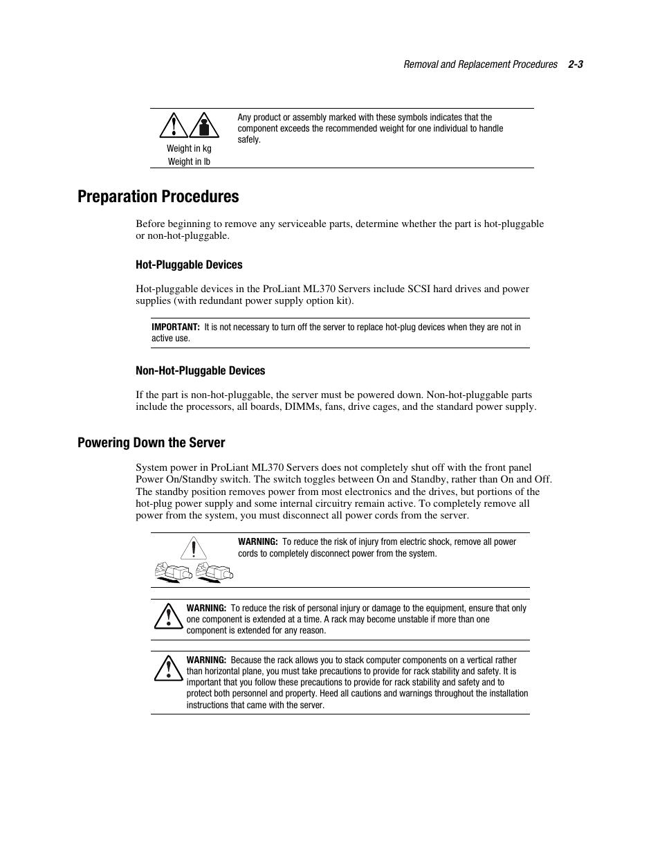 Preparation procedures, Hot˚pluggable devices, Non˚hot˚pluggable devices | Powering down the server, Preparation procedures -3, Powering down the server -3 | Compaq PROLIANT ML370 User Manual | Page 19 / 152