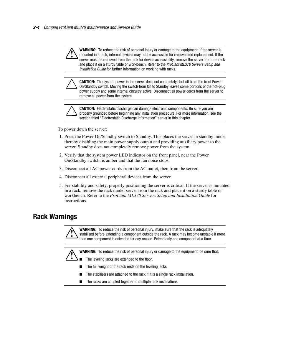 Rack warnings, Rack warnings -4 | Compaq PROLIANT ML370 User Manual | Page 20 / 152