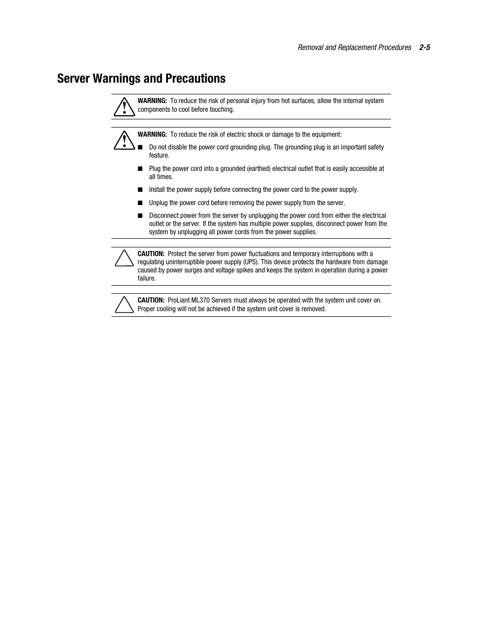 Server warnings and precautions, Server warnings and precautions -5 | Compaq PROLIANT ML370 User Manual | Page 21 / 152