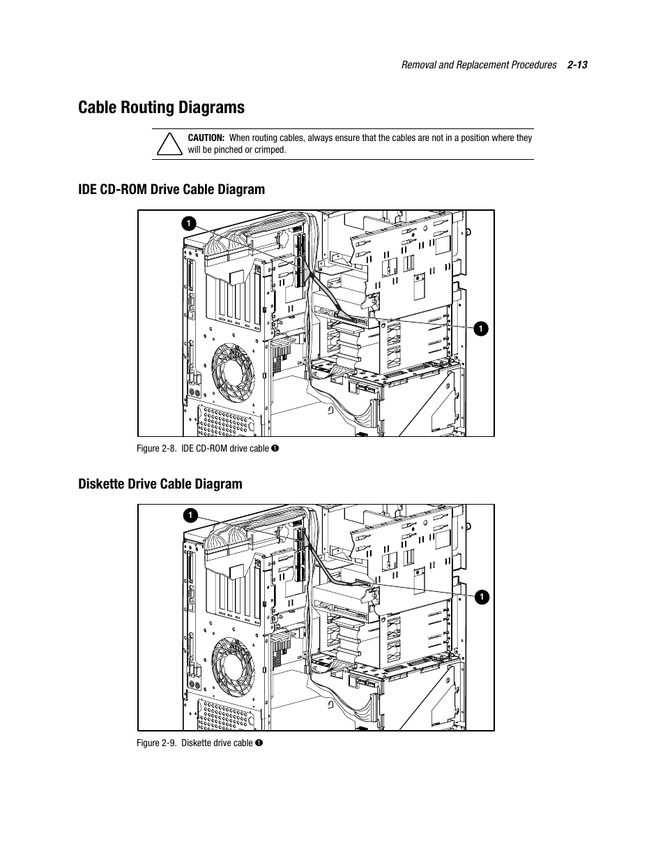 Cable routing diagrams, Ide cd˚rom drive cable diagram, Diskette drive cable diagram | Cable routing diagrams -13, Ide cd-rom drive cable diagram | Compaq PROLIANT ML370 User Manual | Page 29 / 152