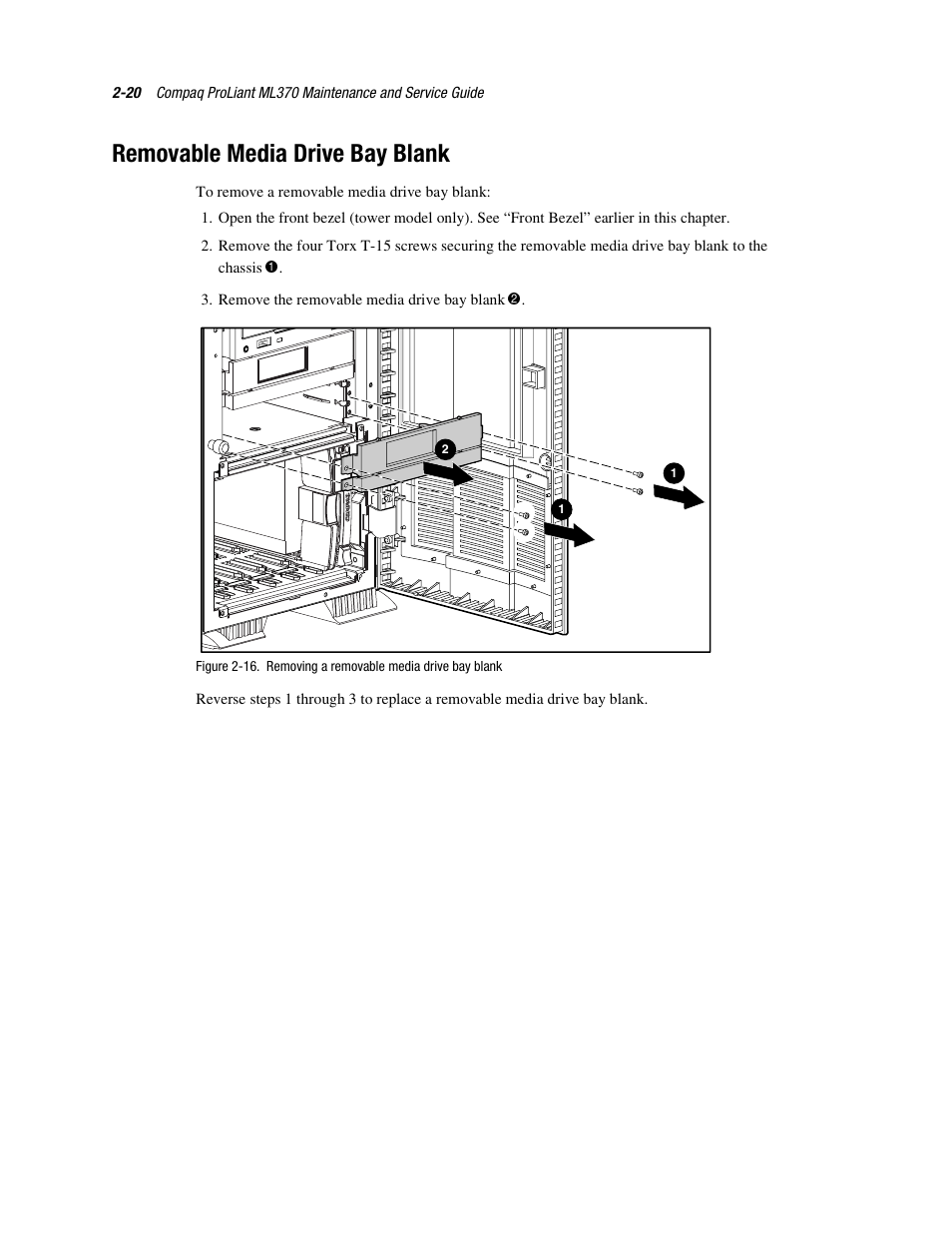 Removable media drive bay blank, Removable media drive bay blank -20 | Compaq PROLIANT ML370 User Manual | Page 36 / 152