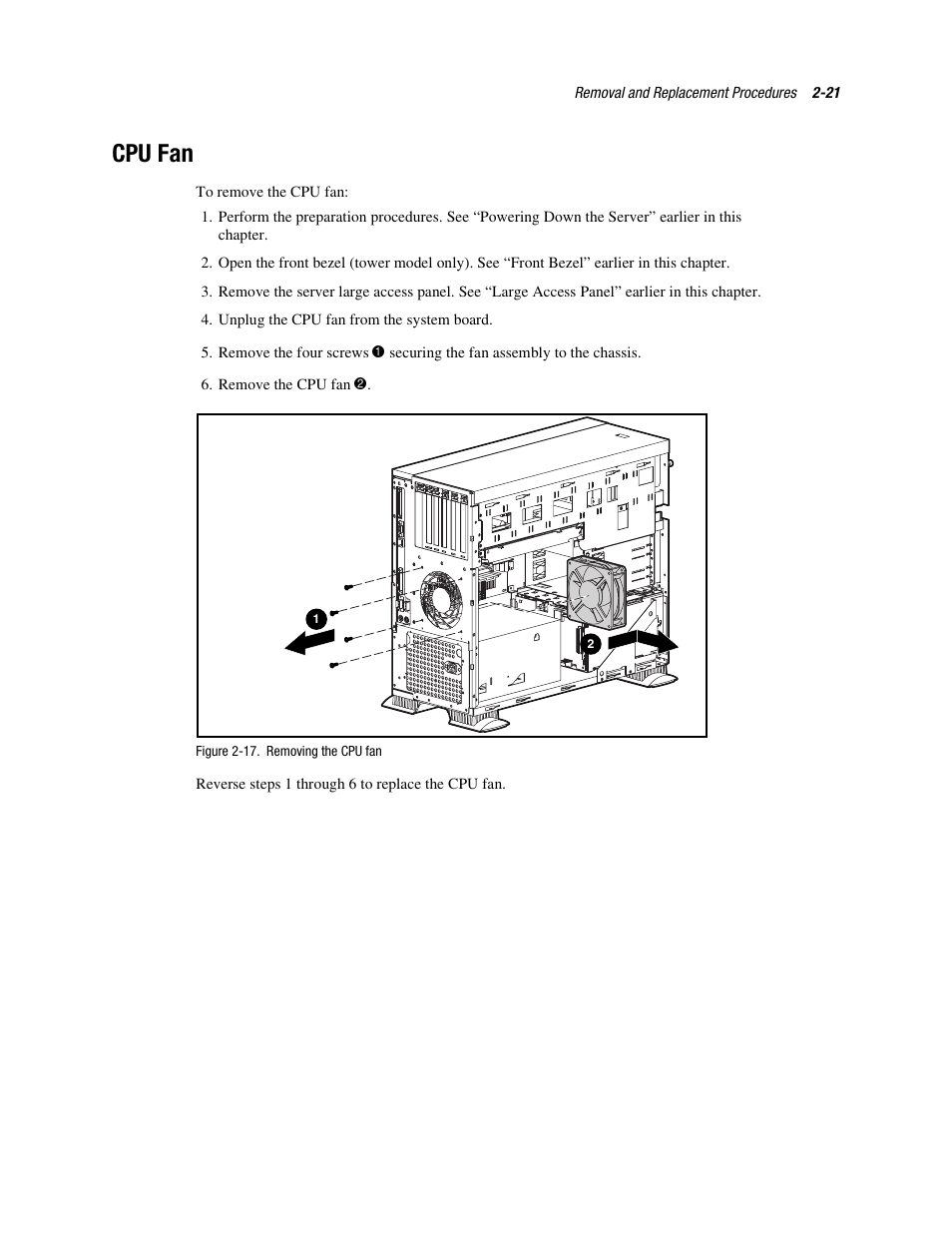 Cpu fan, Cpu fan -21 | Compaq PROLIANT ML370 User Manual | Page 37 / 152