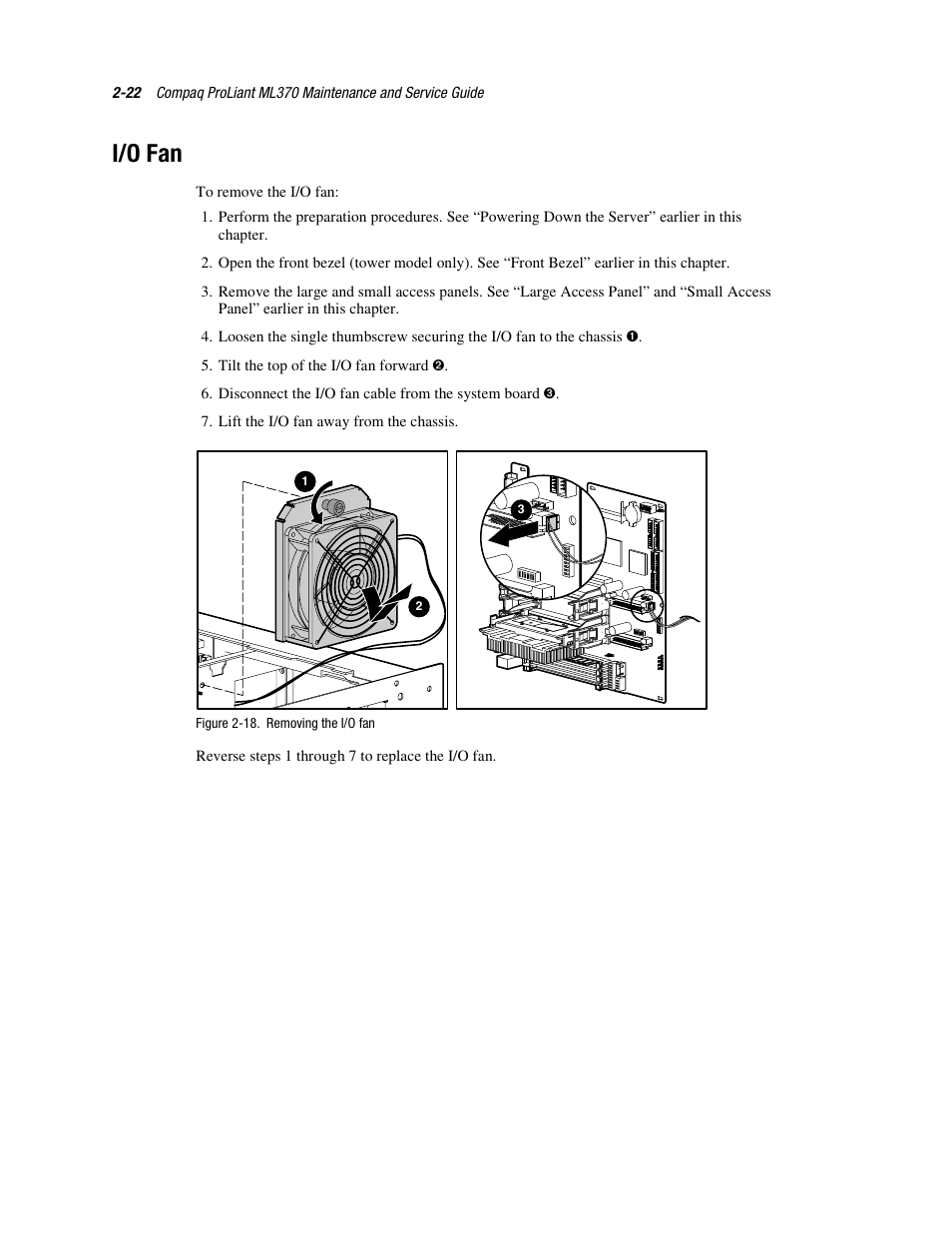 I/o fan, I/o fan -22 | Compaq PROLIANT ML370 User Manual | Page 38 / 152