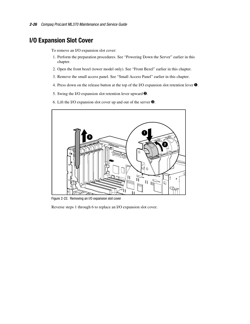 I/o expansion slot cover, I/o expansion slot cover -26 | Compaq PROLIANT ML370 User Manual | Page 42 / 152