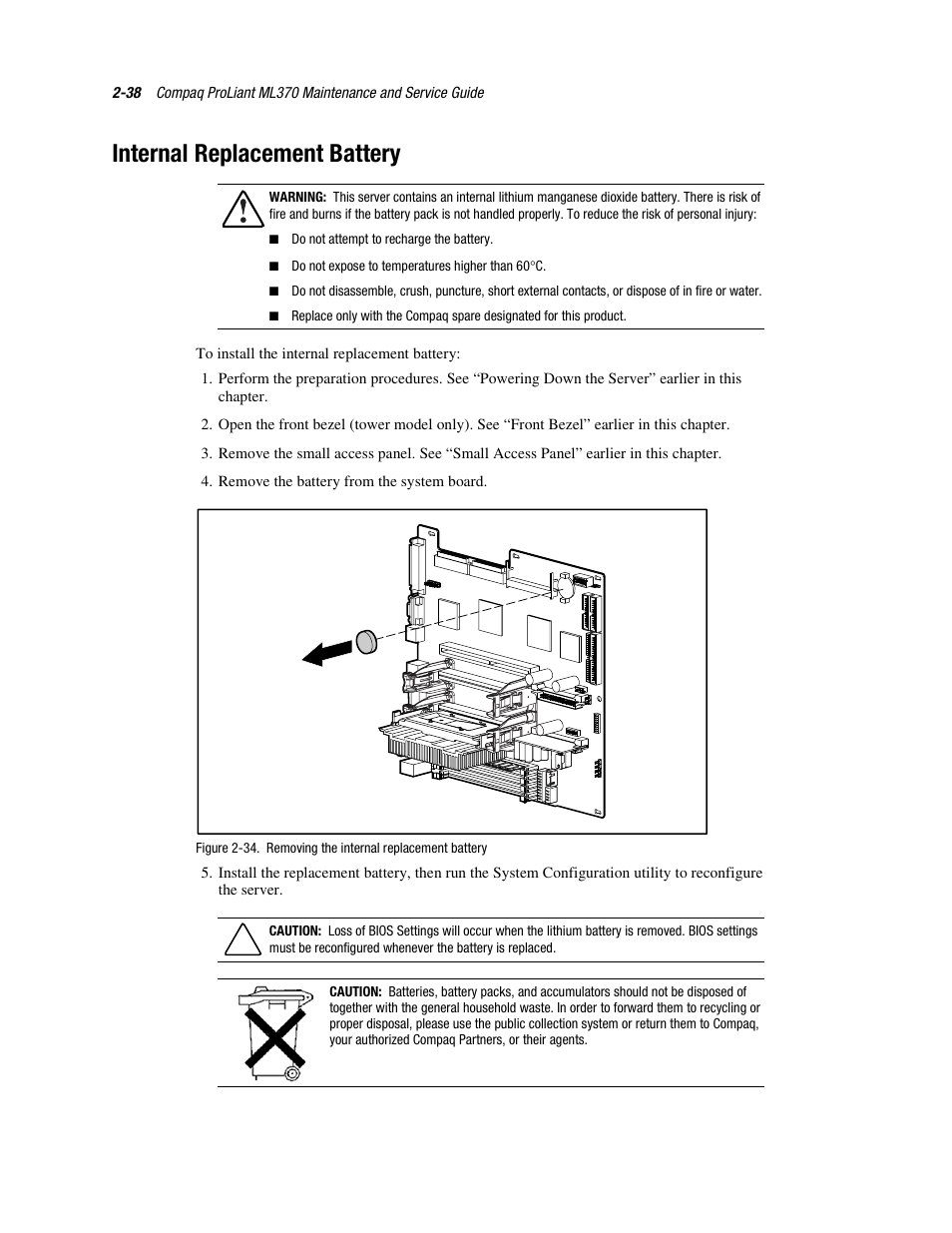Internal replacement battery, Internal replacement battery -38 | Compaq PROLIANT ML370 User Manual | Page 54 / 152