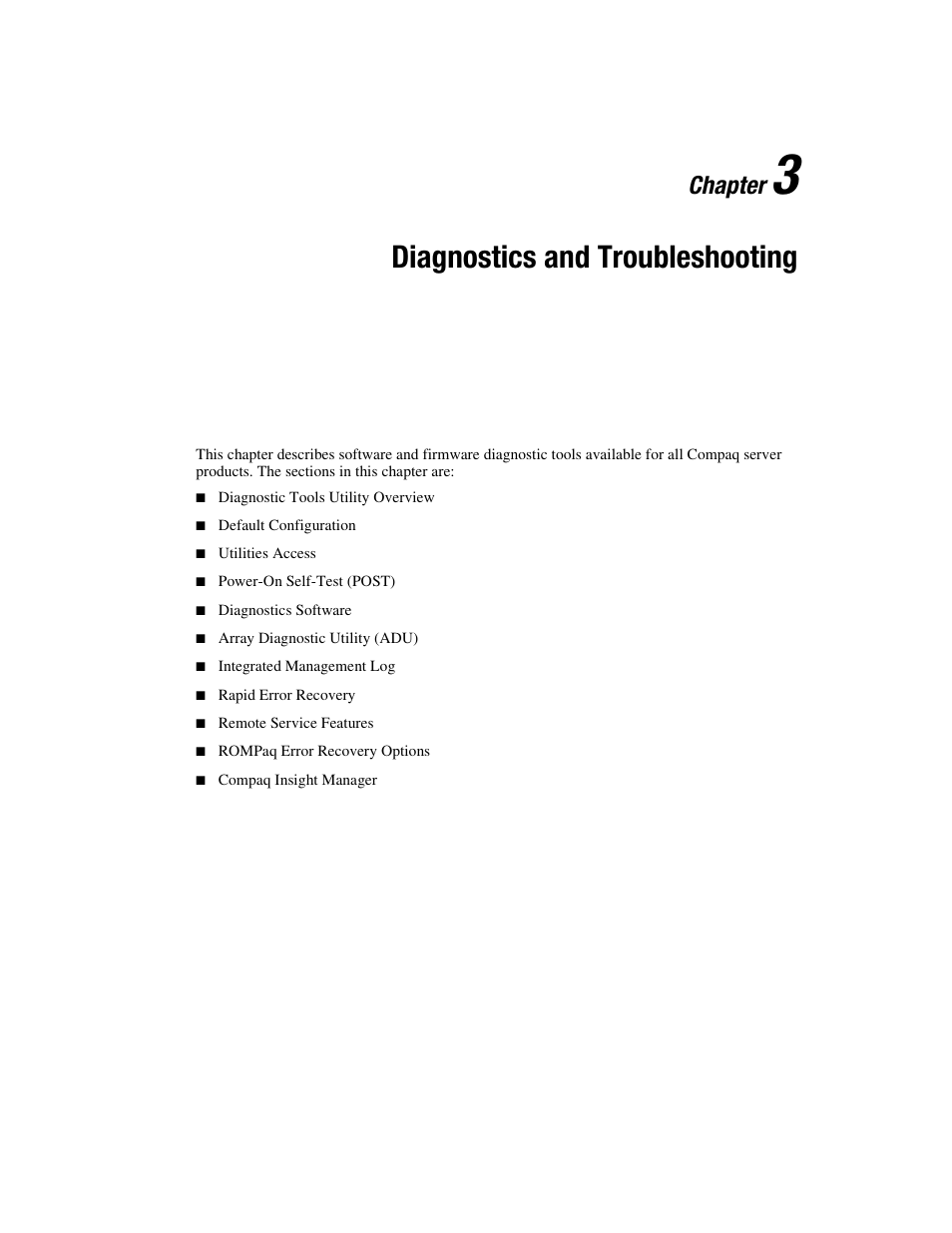 Chapter 3: diagnostics and troubleshooting, Chapter 3, Diagnostics and troubleshooting | Chapter | Compaq PROLIANT ML370 User Manual | Page 55 / 152
