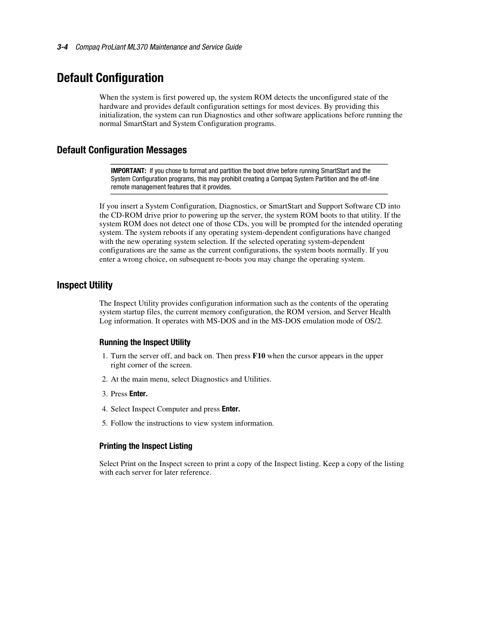 Default configuration, Default configuration messages, Inspect utility | Running the inspect utility, Printing the inspect listing, Default configuration -4 | Compaq PROLIANT ML370 User Manual | Page 58 / 152