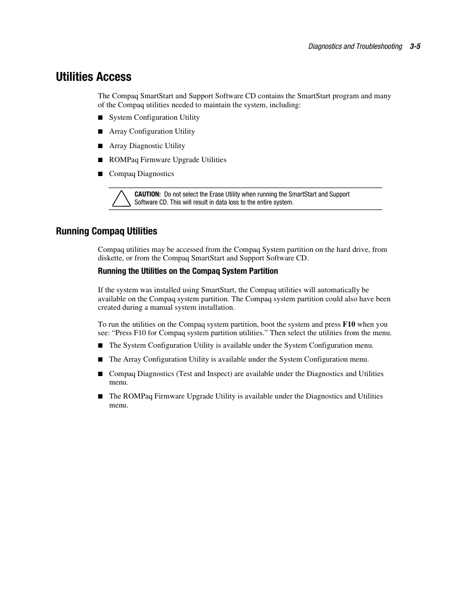 Utilities access, Running compaq utilities, Utilities access -5 | Running compaq utilities -5 | Compaq PROLIANT ML370 User Manual | Page 59 / 152