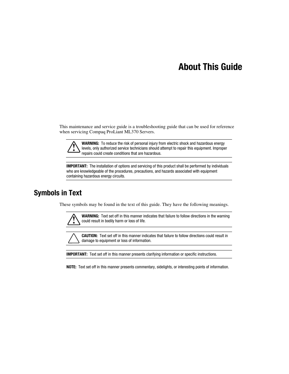About this guide, Symbols in text | Compaq PROLIANT ML370 User Manual | Page 7 / 152
