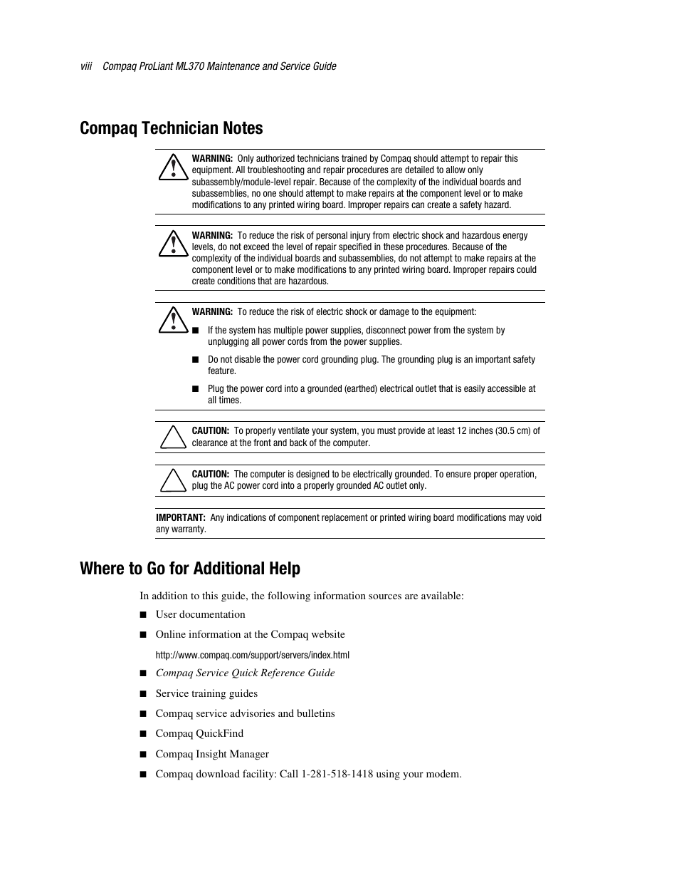 Compaq technician notes, Where to go for additional help | Compaq PROLIANT ML370 User Manual | Page 8 / 152