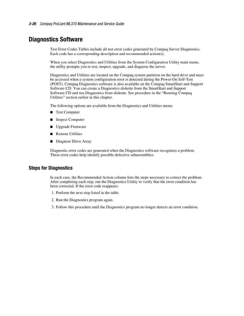 Diagnostics software, Steps for diagnostics, Diagnostics software -26 | Steps for diagnostics -26 | Compaq PROLIANT ML370 User Manual | Page 80 / 152