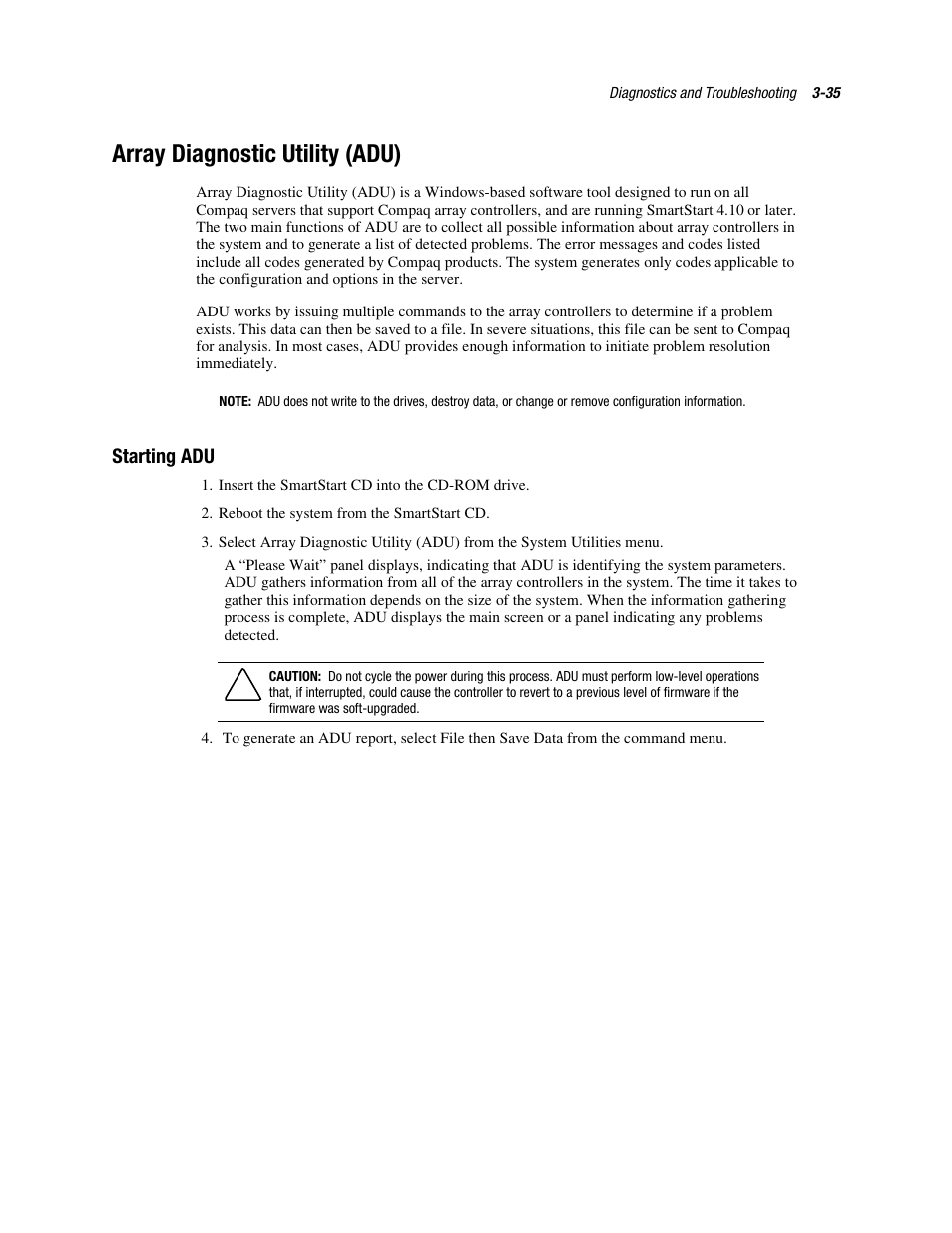 Array diagnostic utility (adu), Starting adu, Array diagnostic utility (adu) -35 | Starting adu -35 | Compaq PROLIANT ML370 User Manual | Page 89 / 152