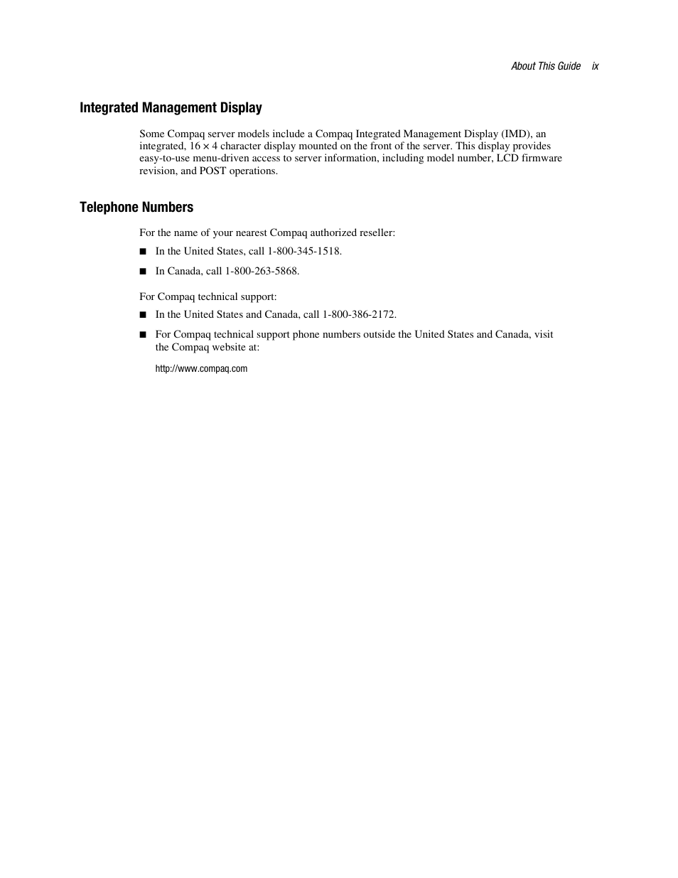 Integrated management display, Telephone numbers | Compaq PROLIANT ML370 User Manual | Page 9 / 152