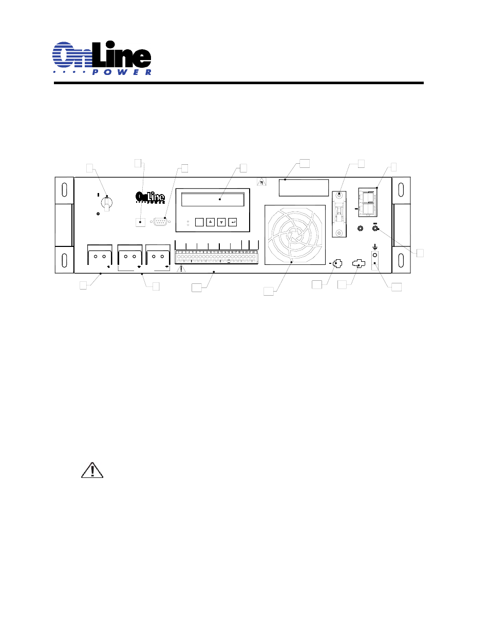 Figure 2.1, 1 48vdc battery connector, 2 battery circuit breaker | 3 battery voltage test points, 4 liquid crystal display (lcd) and touch pad, 5 ac input & output circuit breaker, 6 ac output, The power transfer switch | OnLine Power Signal Saver IPC User Manual | Page 34 / 122